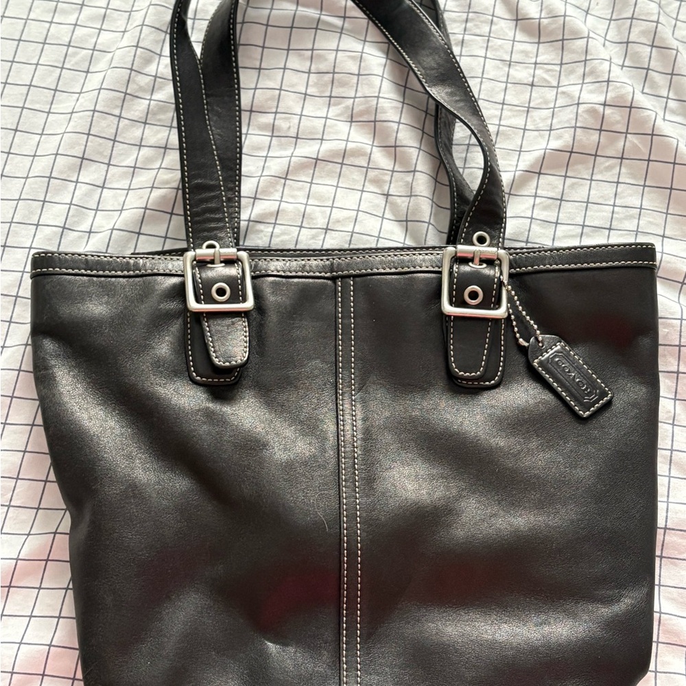 Coach Black Leather Bag with Gray Stitching